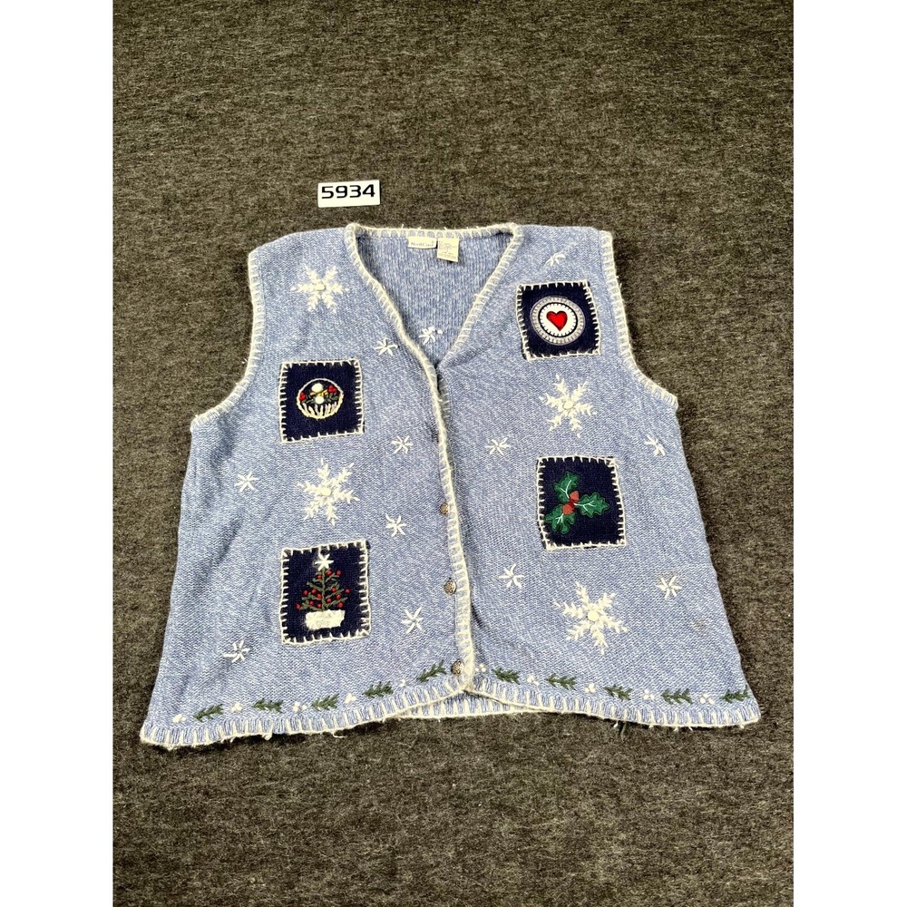 Northcrest Sweater Vest Womens Large Blue Knit NC Christmas Snowflake Embroidery